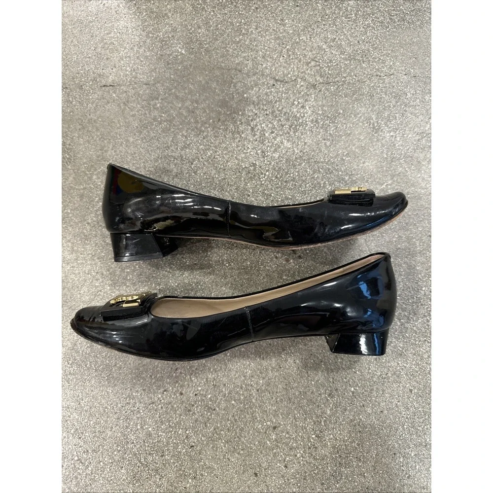 Tory Burch Heels Black Size 9M Patent Leather Gigi Block Pumps Gold Round Toe